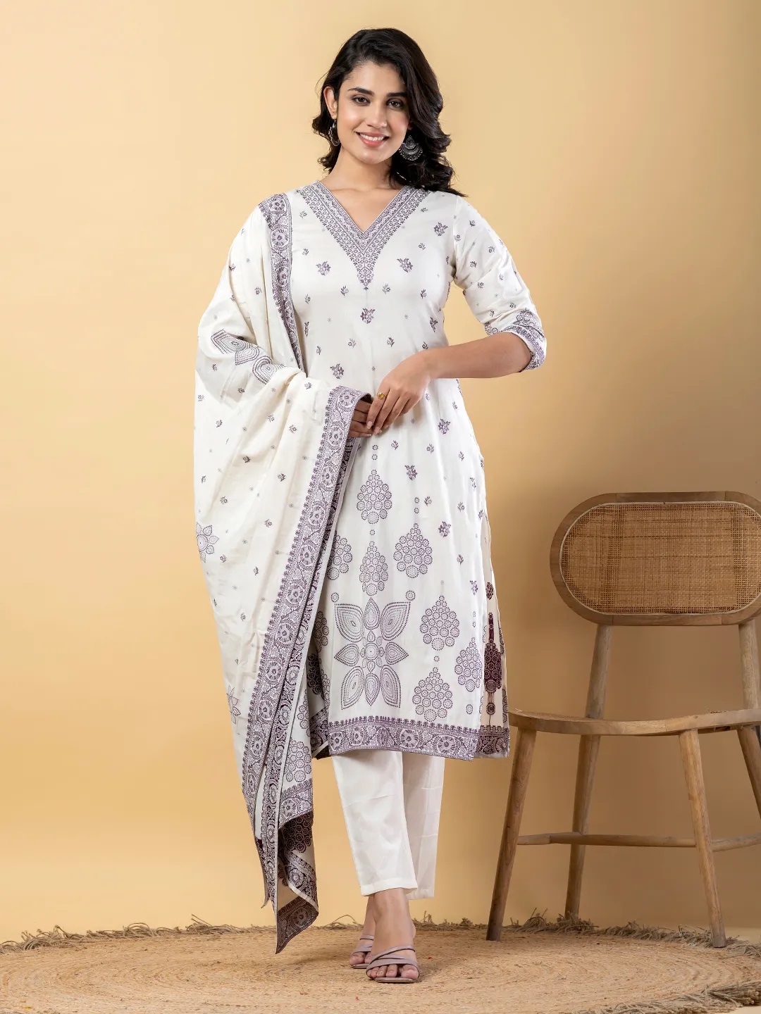 Cotton Jamdani kurta, trousers & dupatta set_ES60/1/5