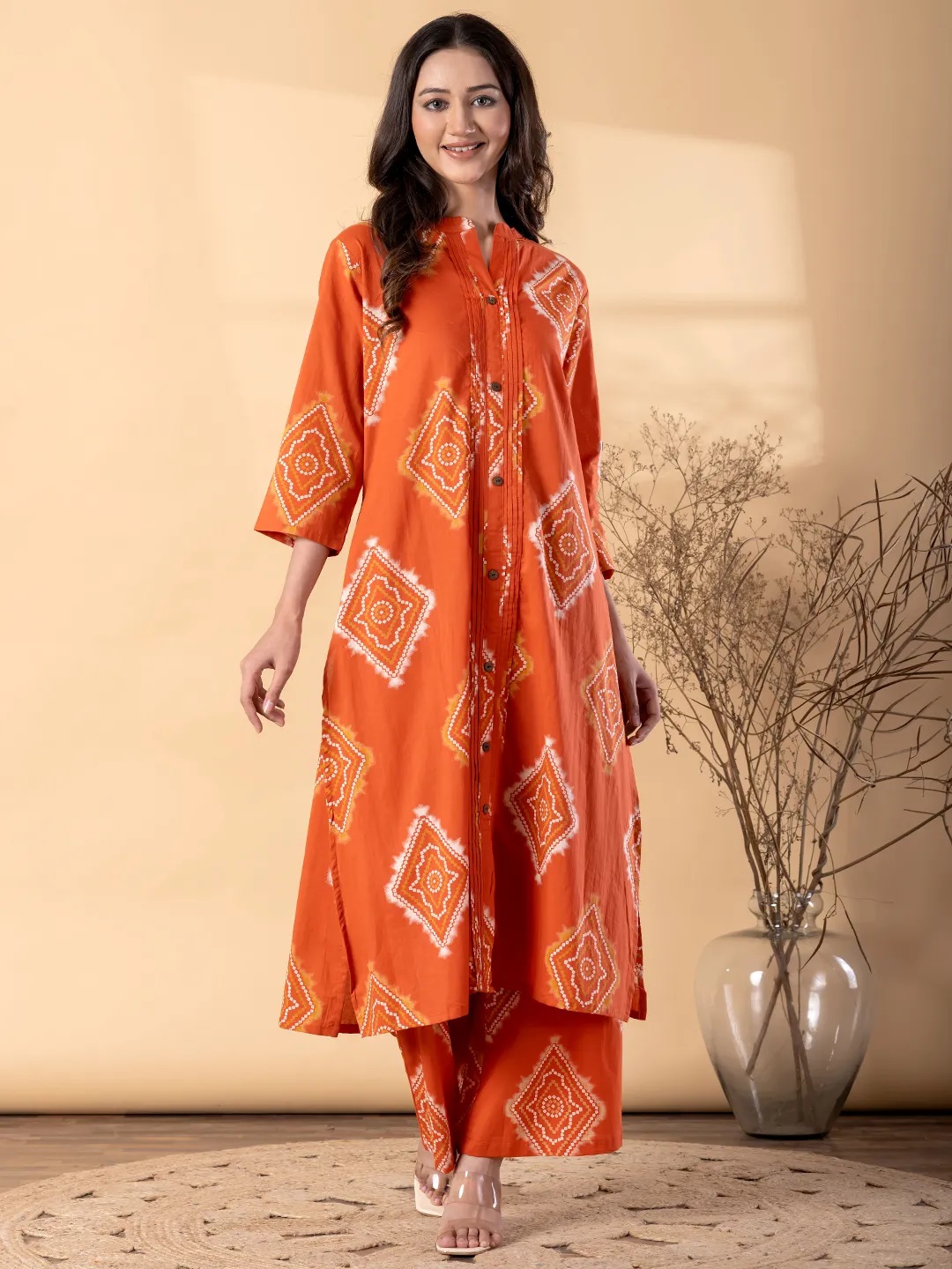 ES66_Cotton Rust Color Kurti With Palazzo