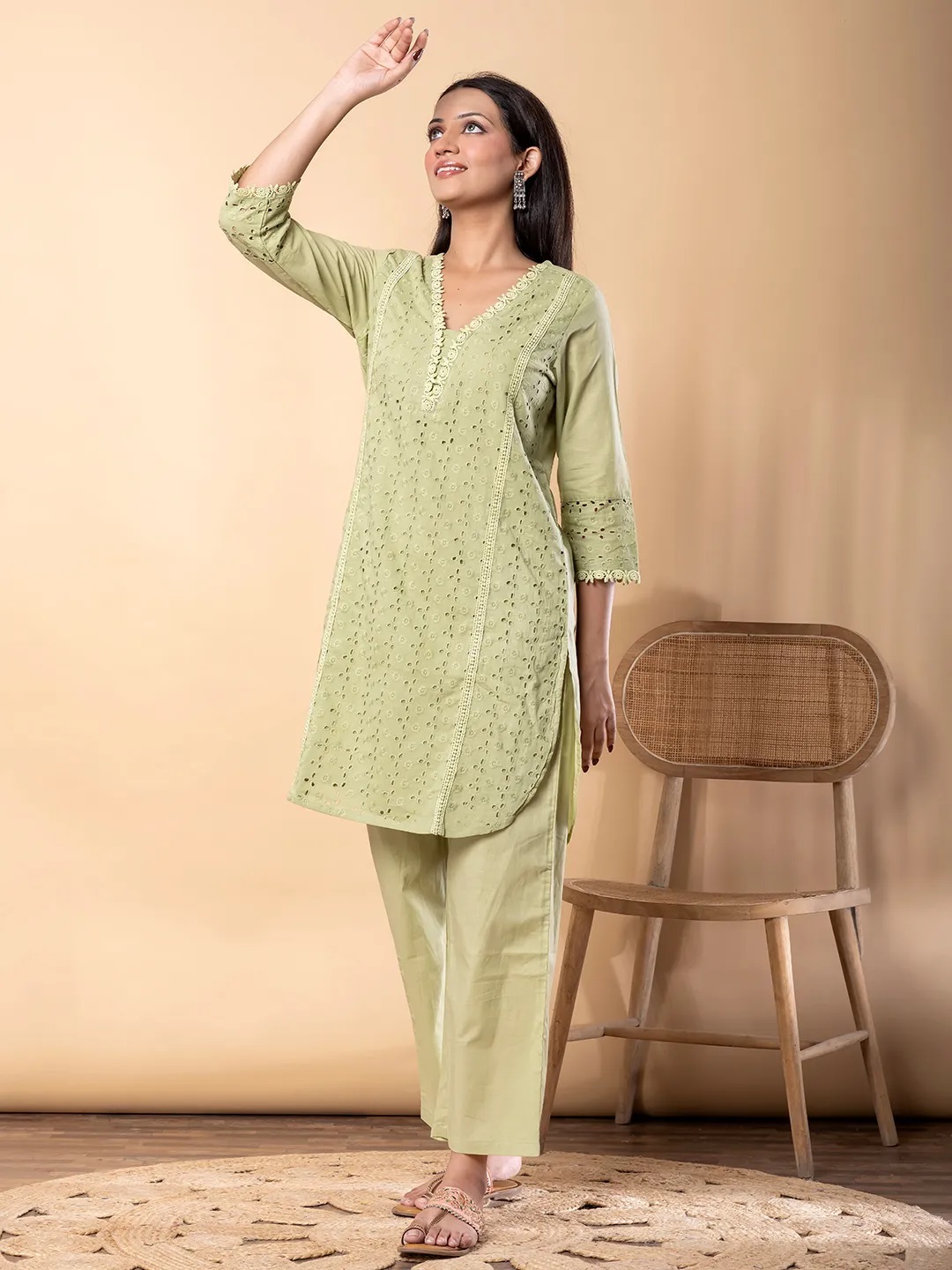 ES73_green cotton schiffli co-ord set