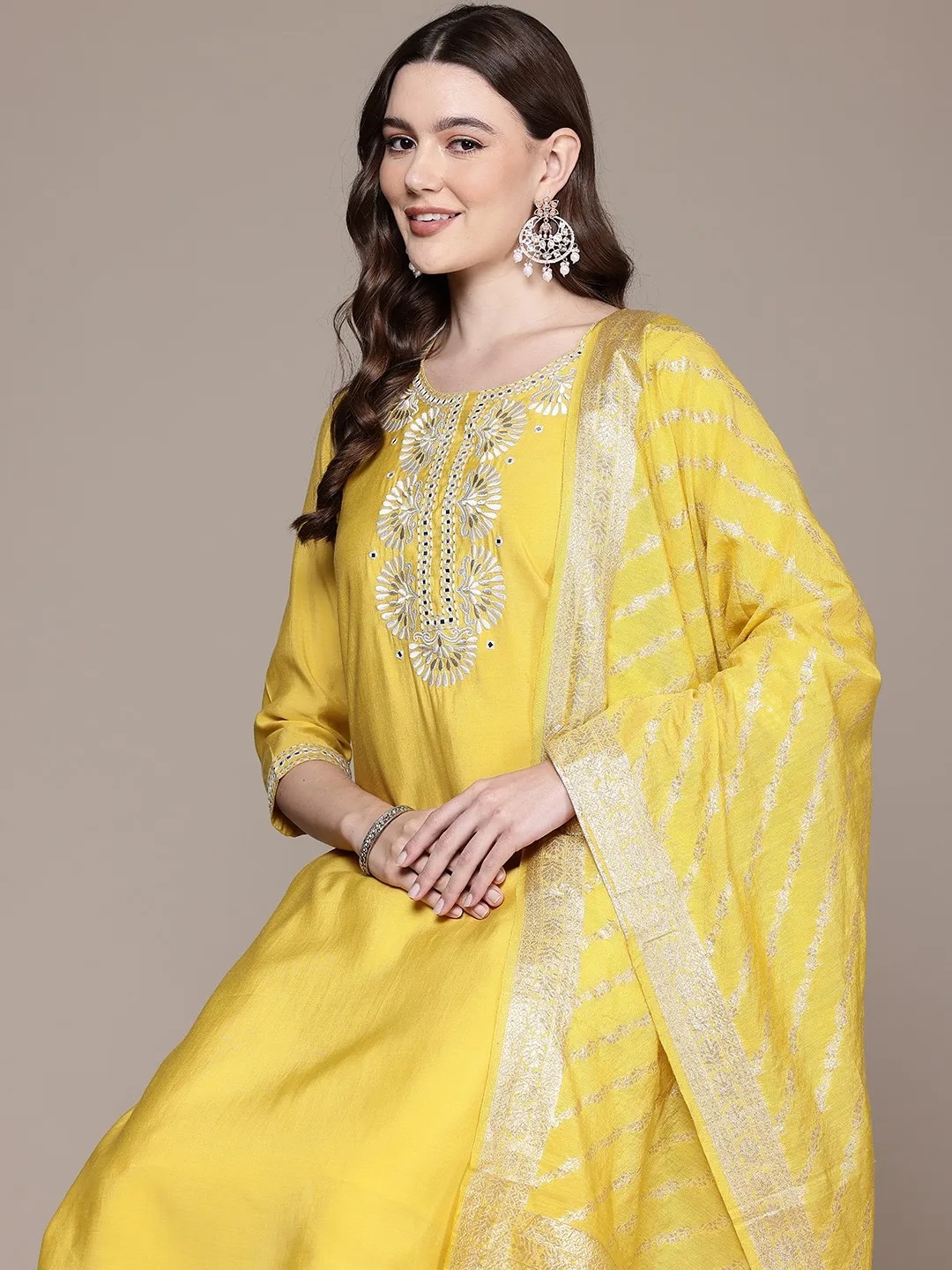 ES50_Yellow Chanderi Silk Kurta Set with Thread Work