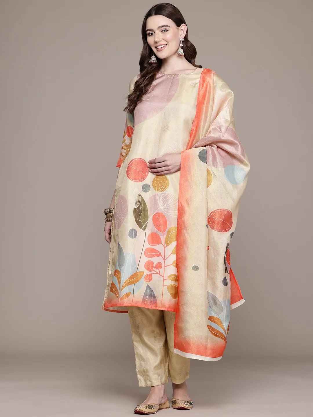 ES51_Gold Chanderi Silk Printed Kurta Set