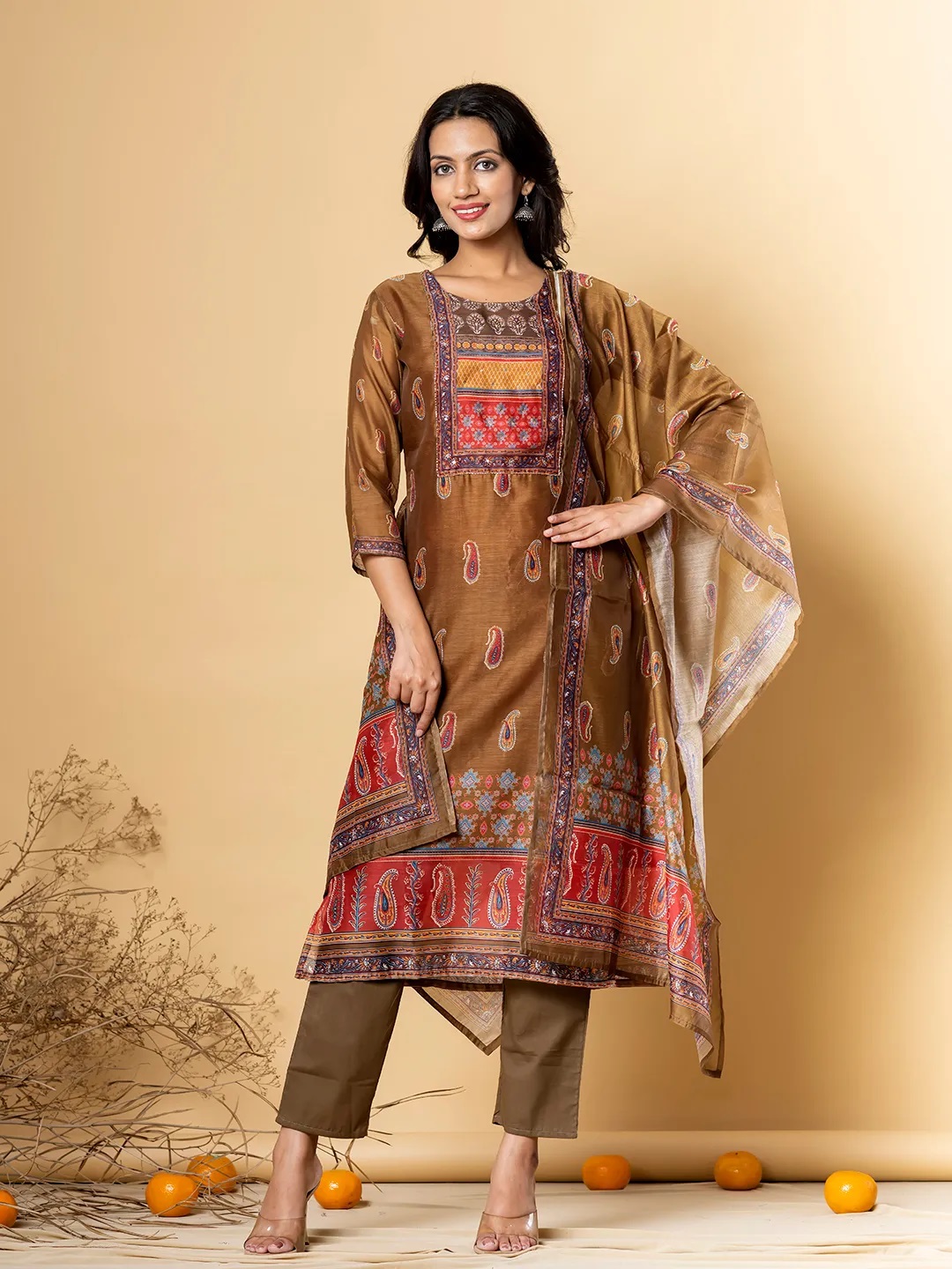 ES54_Olive Chanderi Silk Printed Kurta Set