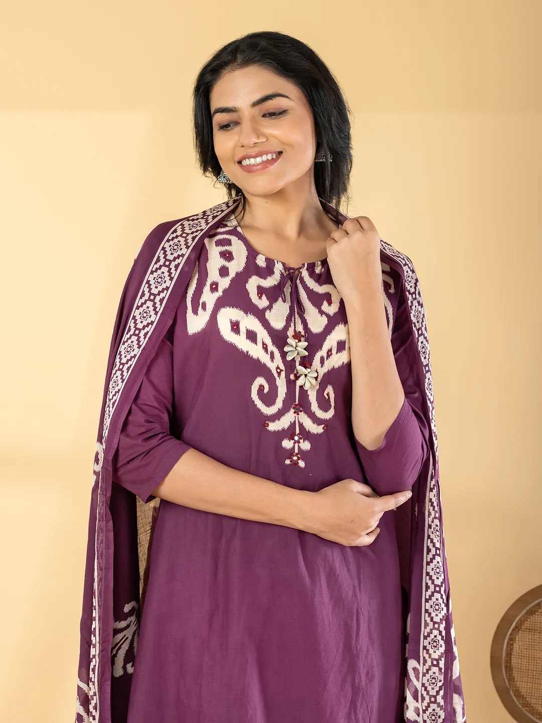 ES123_Cotton Magenta Printed Kurta With Palazzo & Dupatta