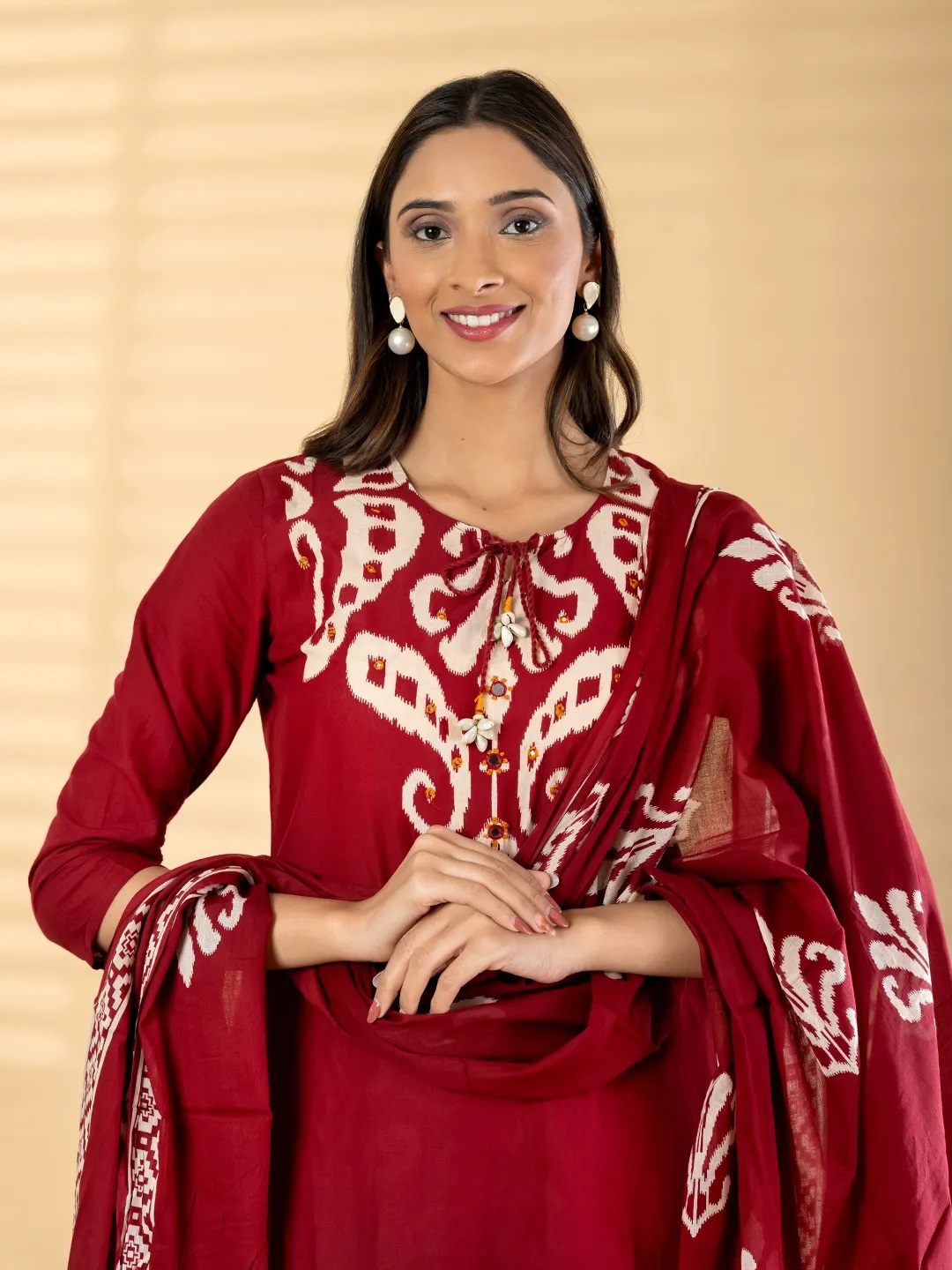 ES124_Cotton Red Printed Kurti With Palazzo & Dupatta