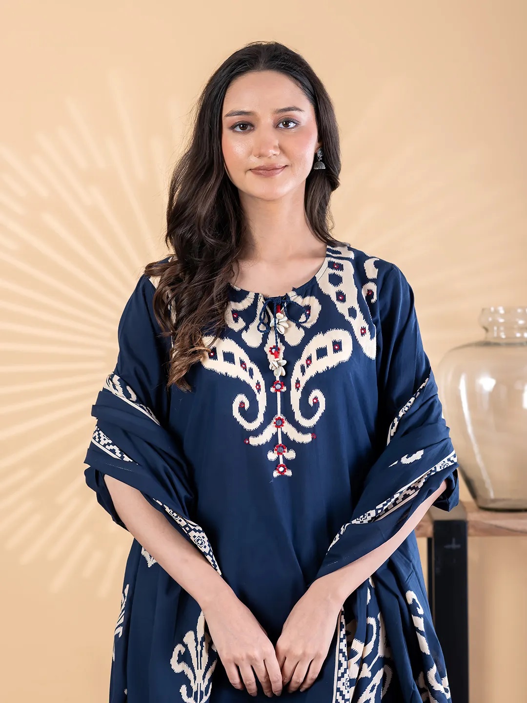 ES125_Cotton Blue Printed Kurta With Palazzo & Dupatta