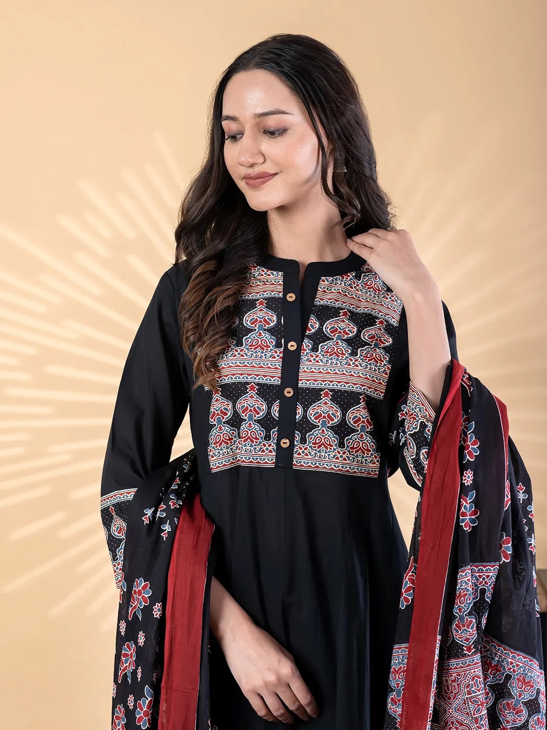 ES128_Anarkali Inspired Cotton Black Kurti set