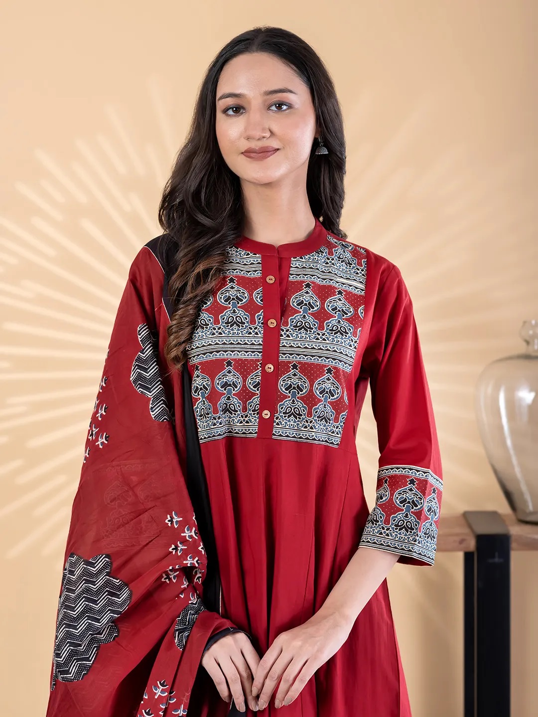 ES129_Anarkali inspired Cotton Red Kurta set