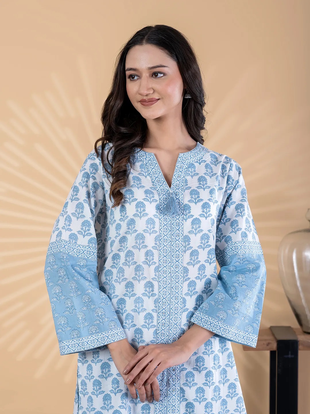 ES135_Cotton Blue Color Floral Kurti With Palazzo