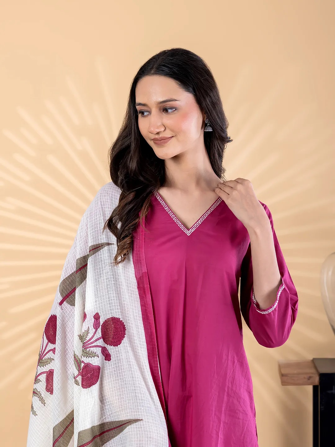 ES137_Cotton Magenta Thread Work Kurta With Palazzo & Dupatta