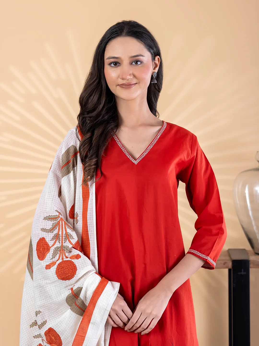 ES138_Cotton Orange Kurti With Palazzo And Kota Doriya Dupatta