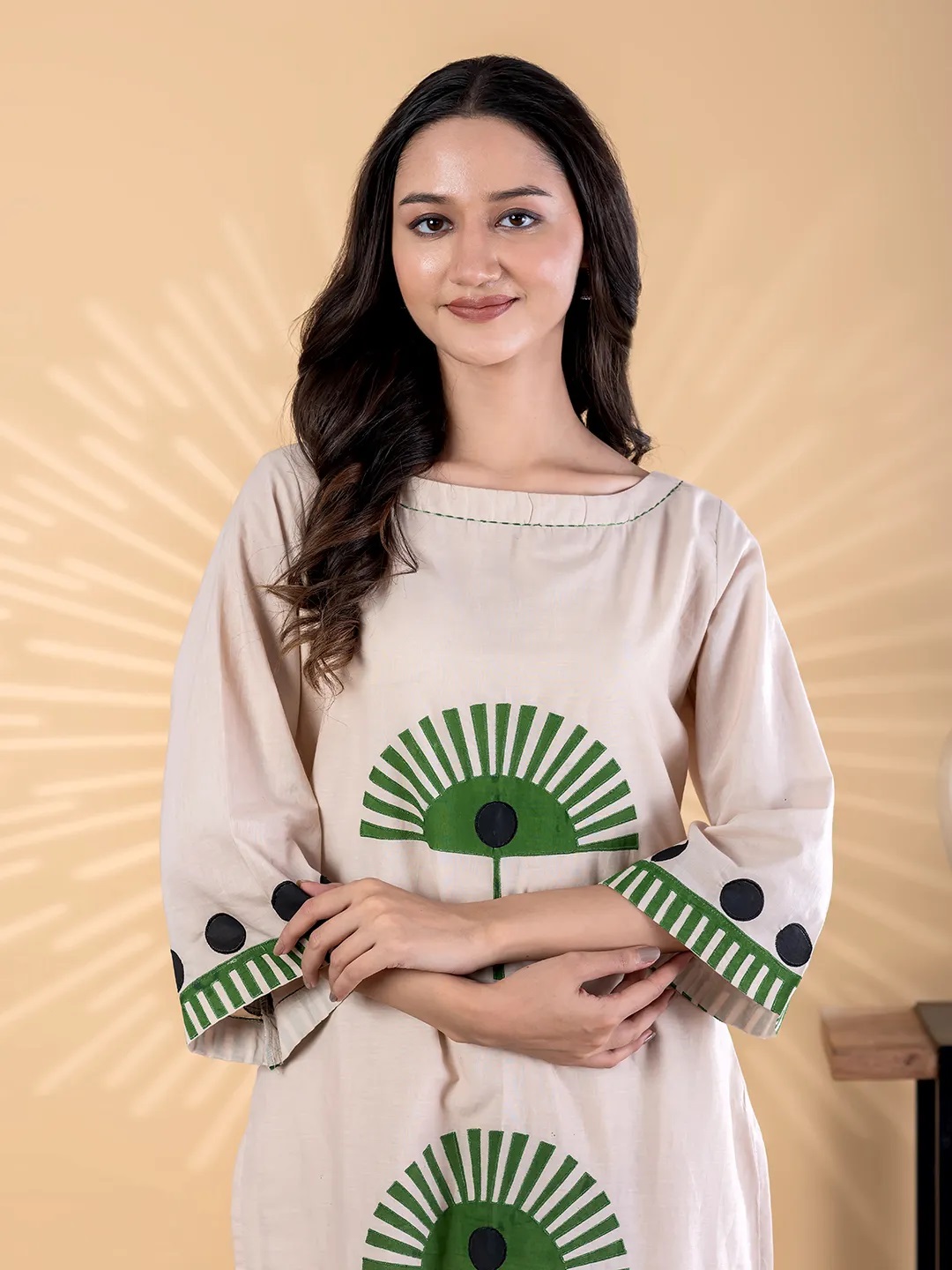 ES139_Cotton Beige Appliques Work Kurti With Palazzo