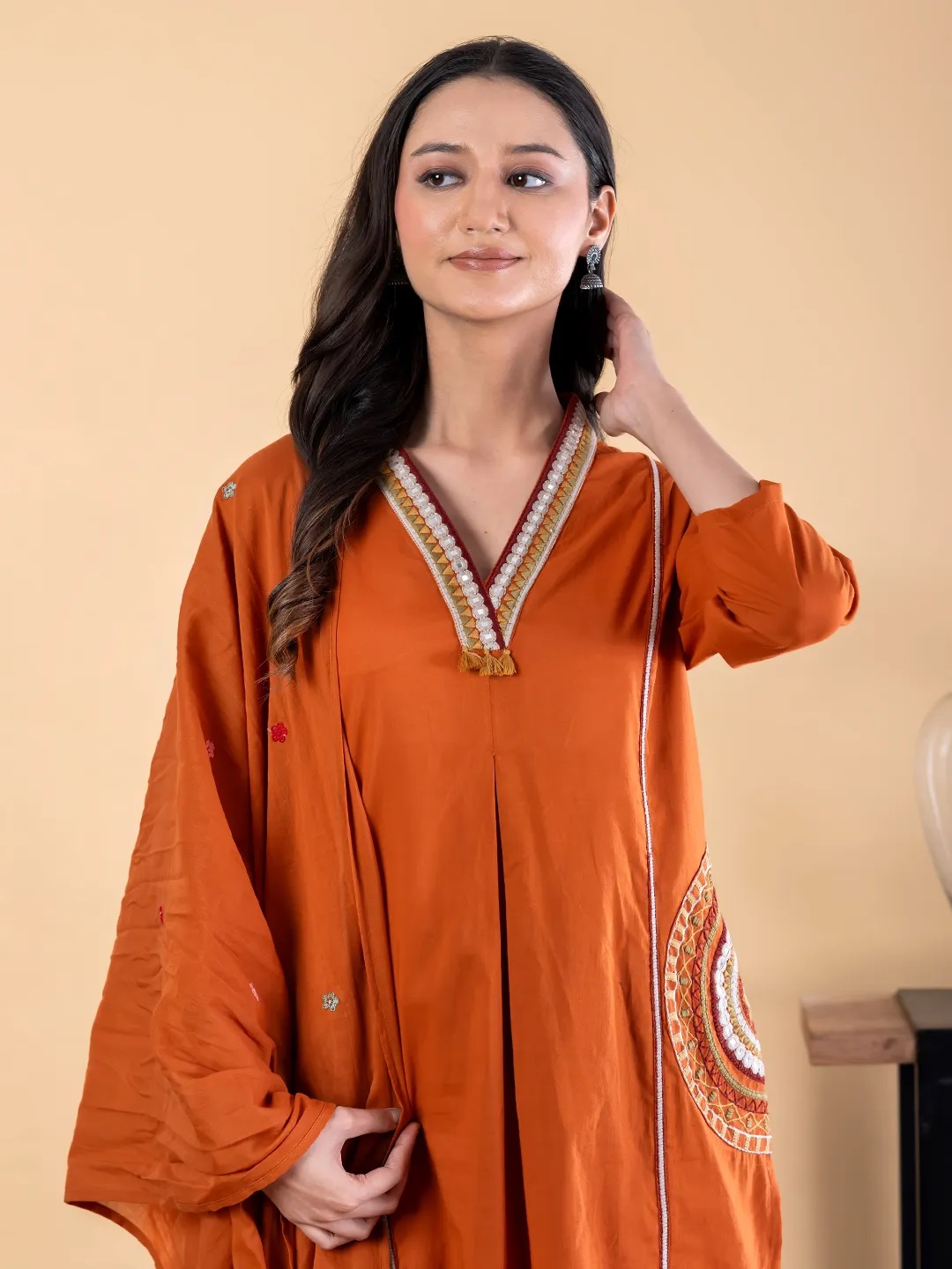 ES142_Cotton Rust Color Embroidered Kurta set