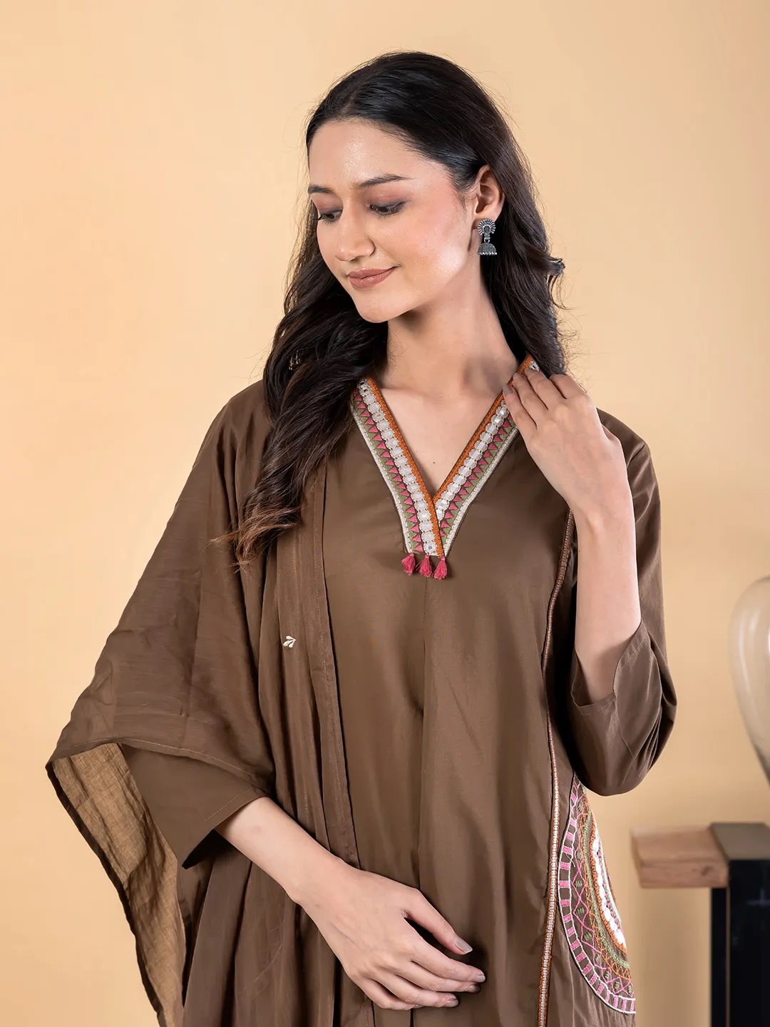 ES144_Cotton Brown Embroidered Kurta Set
