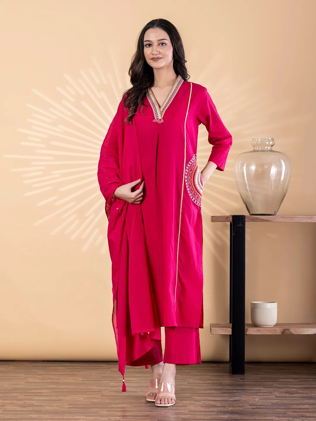 ES144_Cotton Pink Embroidered Kurta Set