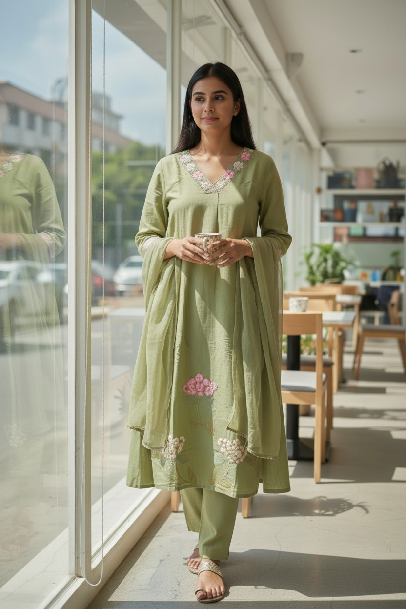 ES13_chanderi kurta set in sage green