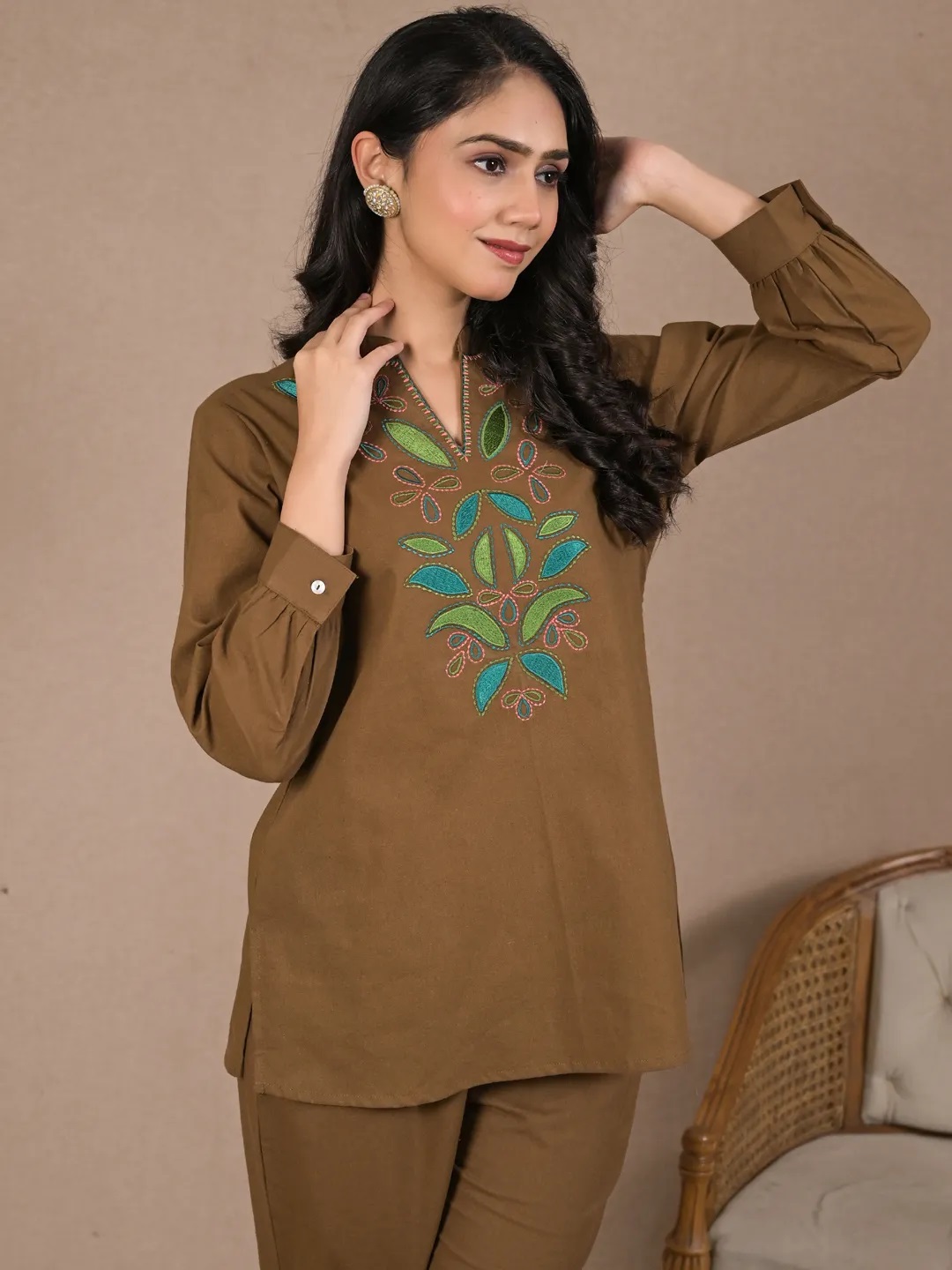 ES29_Cotton Brown Embroidered Co-ord Set