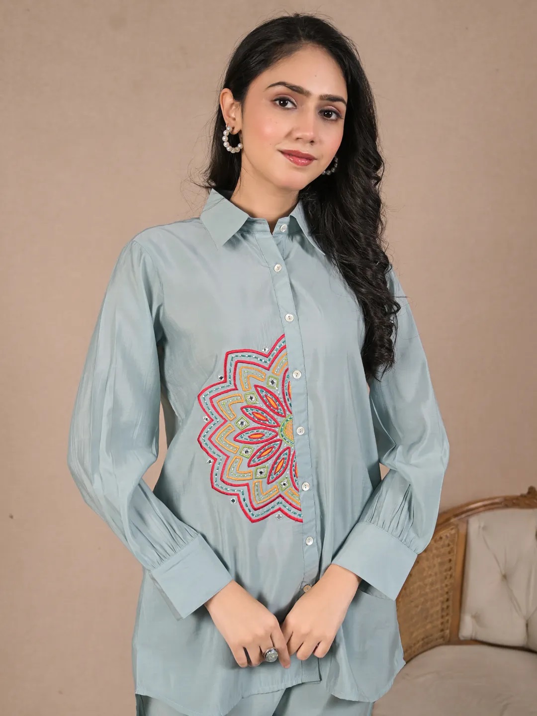 ES30_Chanderi Silk Sea Green Embroidered Co-ord Set