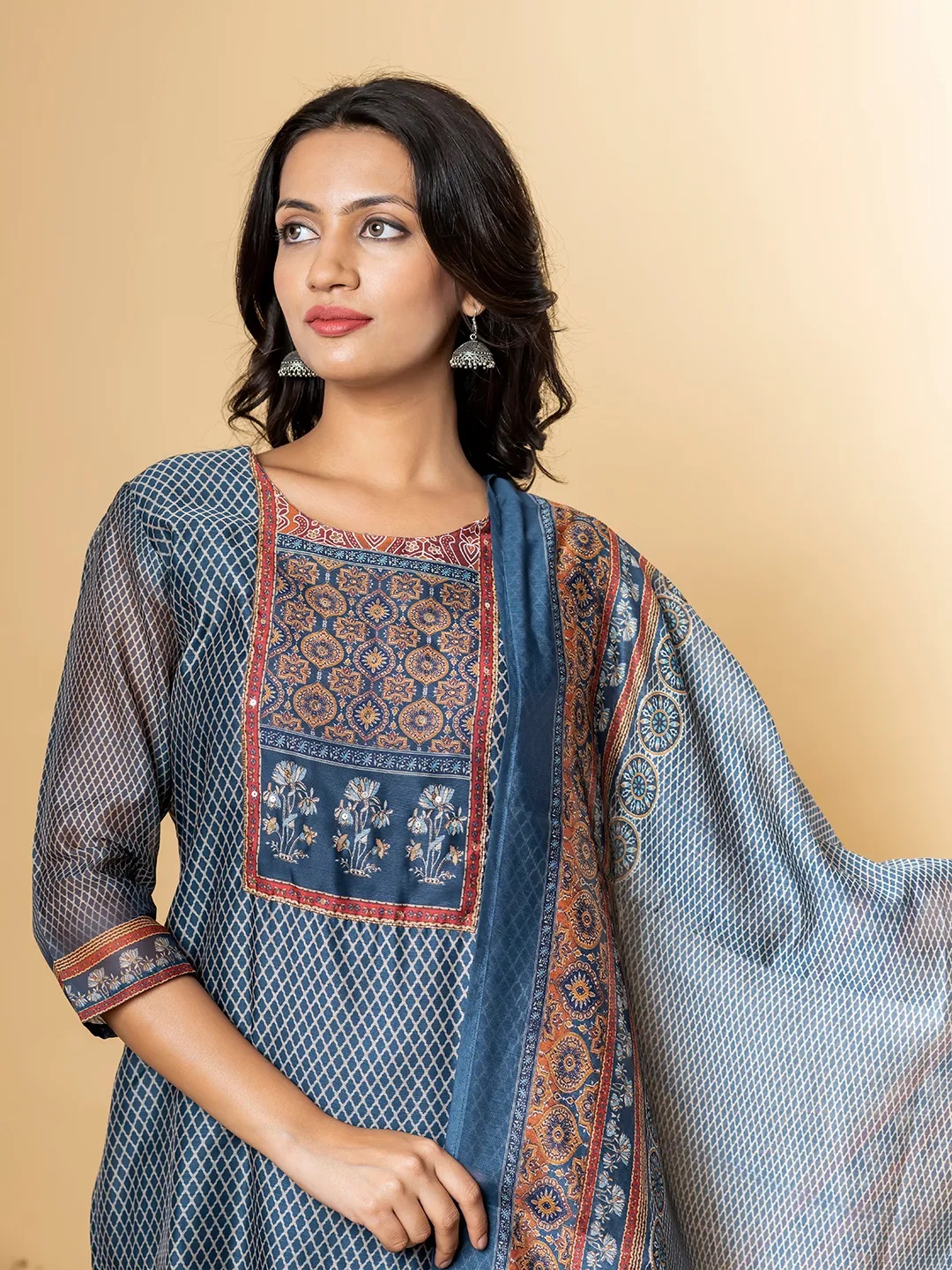 ES55_Olive Chanderi Silk Printed Kurta Set