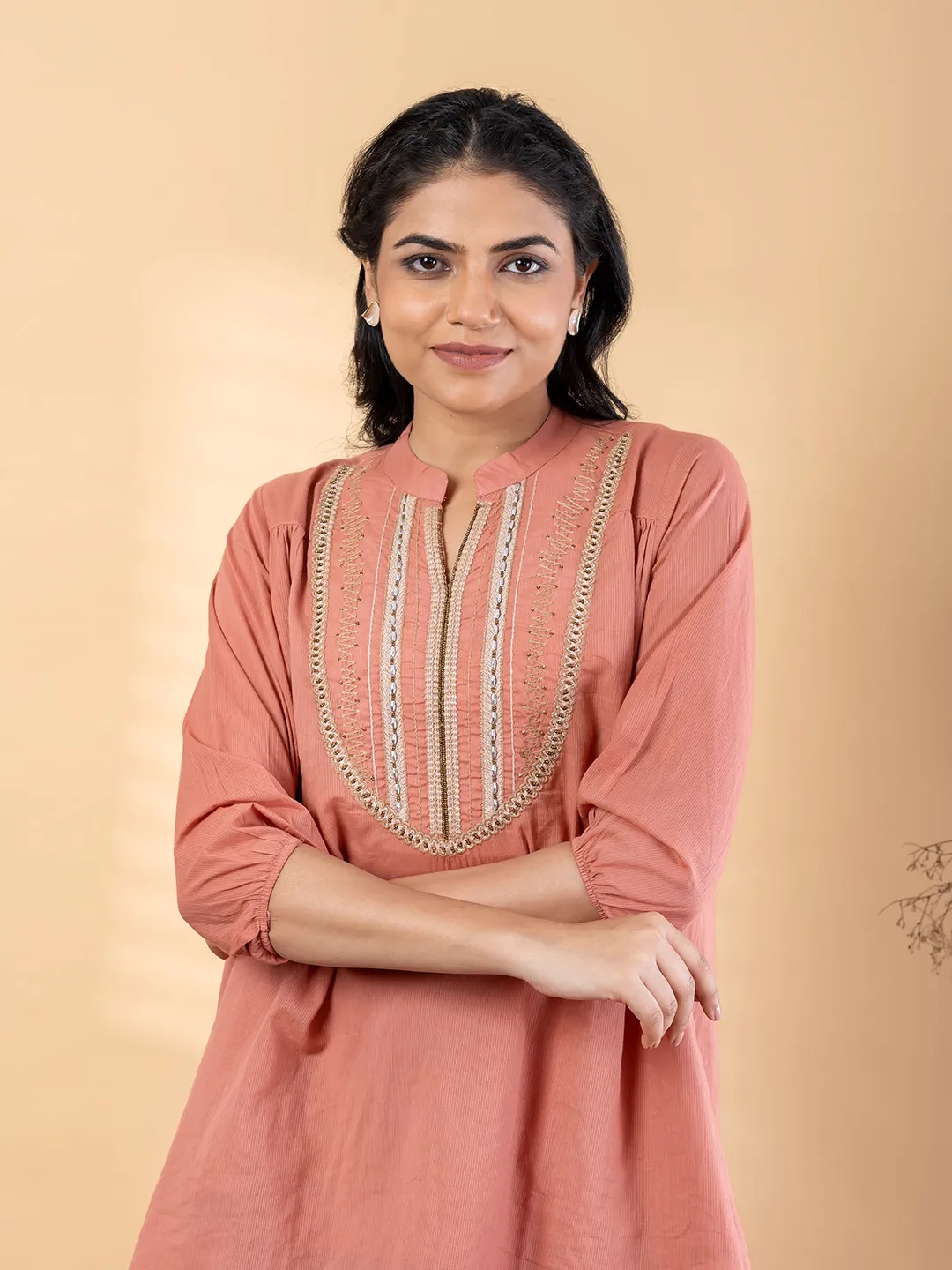 ES131_Women Curved Cotton Dusty Pink Co-ord Set