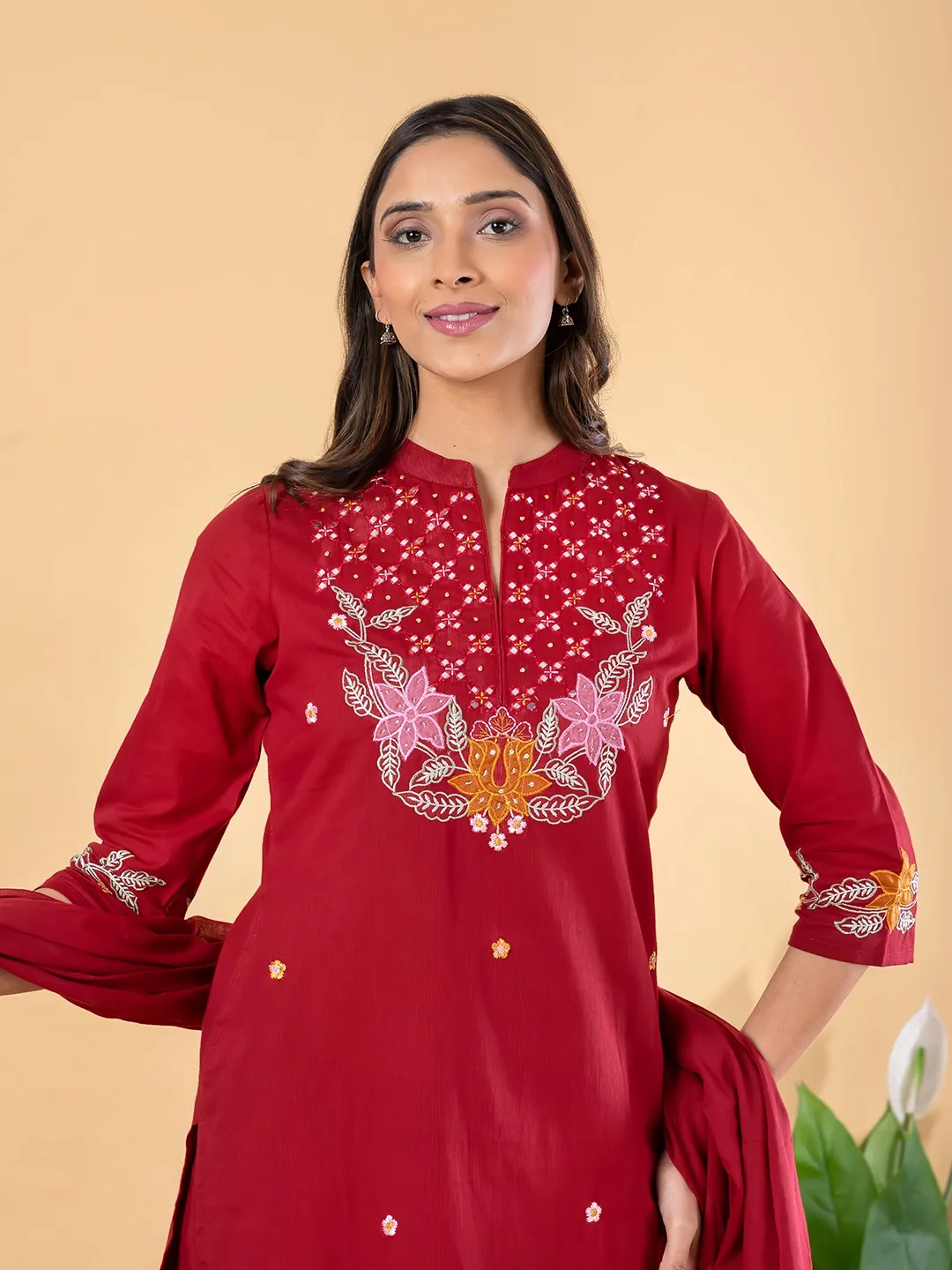 ES191_Maroon cotton kurta, trousers and dupatta set
