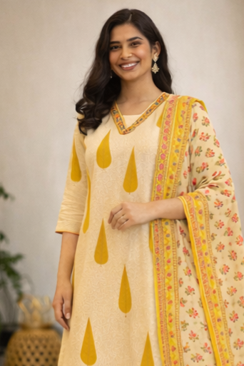 RAM08_cotton kurta set with mustard colour motif