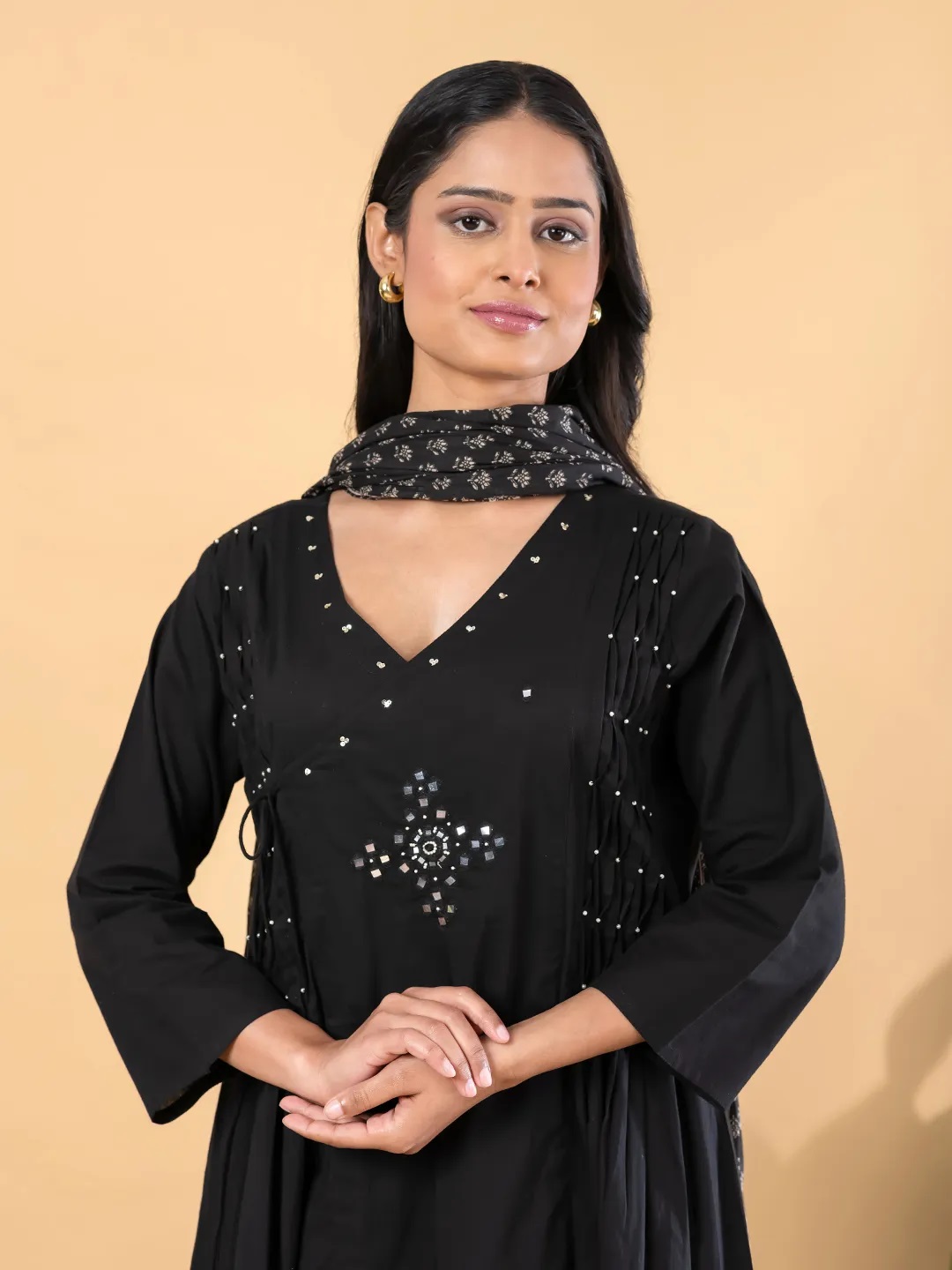 ES244_Black cotton angrakha style kurta set with mirror work