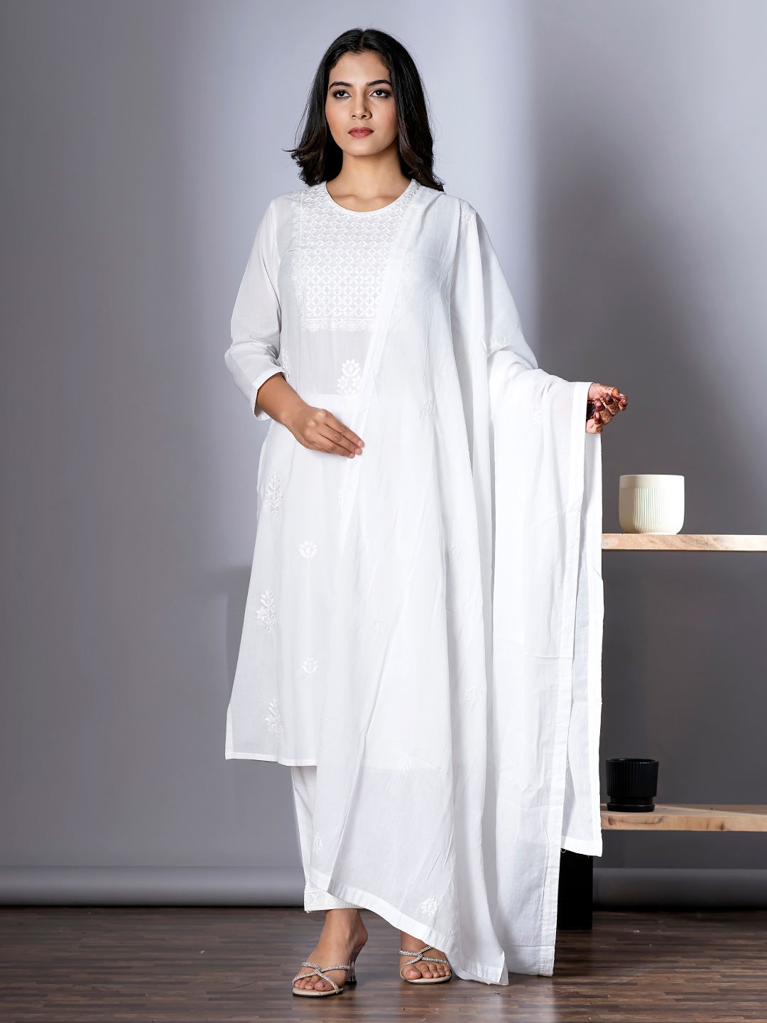 ES337- Straight style cotton white color kurta and bottom with dupatta