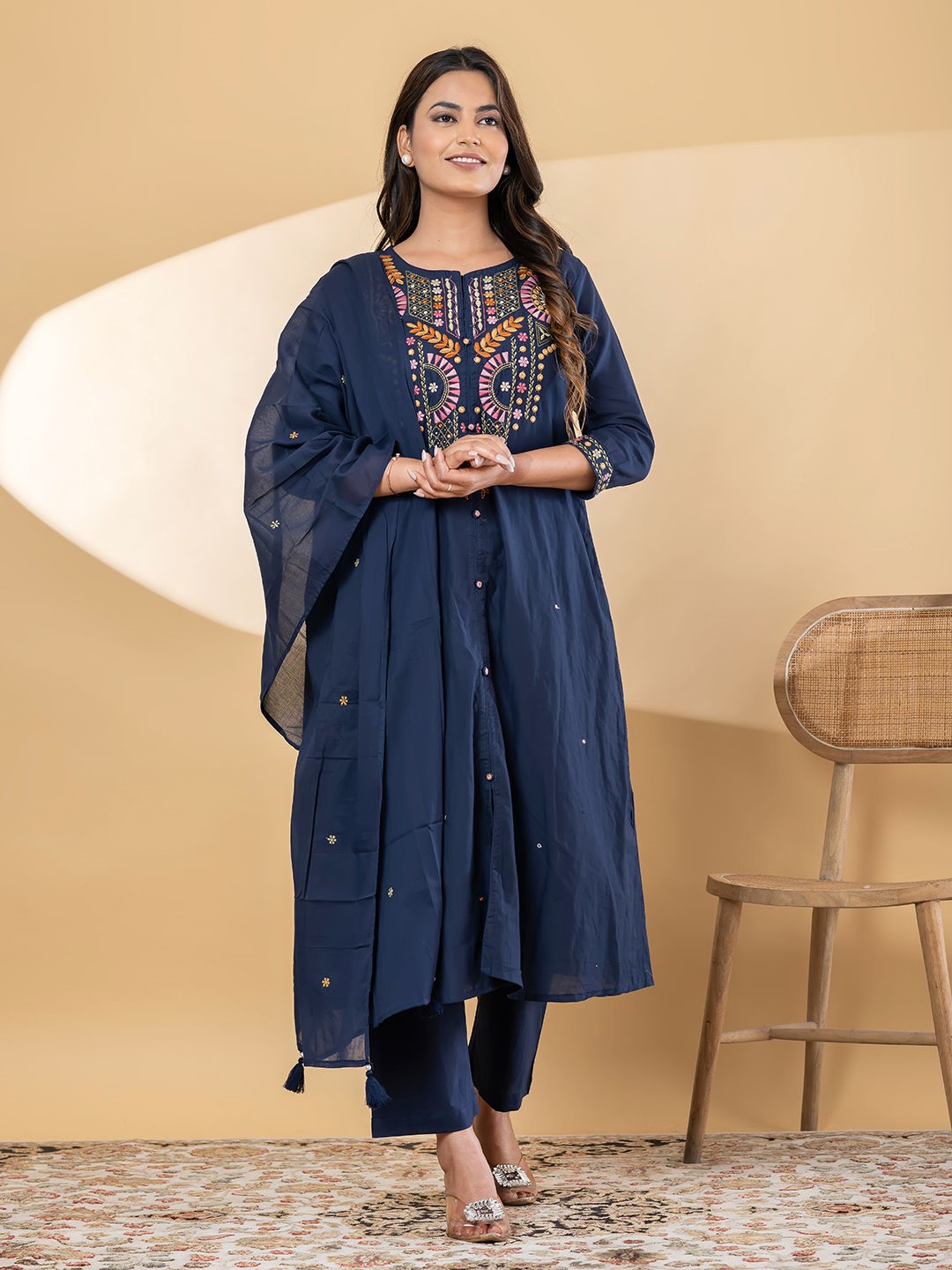ES283 - A-line style cotton blue color kurta - 3 PIECE