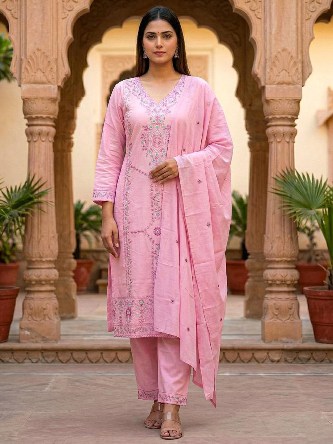ES329 - Elegant Pink Embroidered Kurta Set & Dupatta