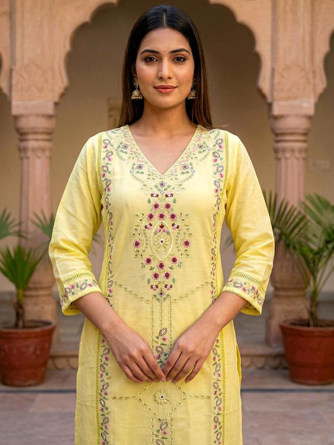ES330 - Radiant Yellow Kurta Set with Straight-Cut Bottom & Dupatta