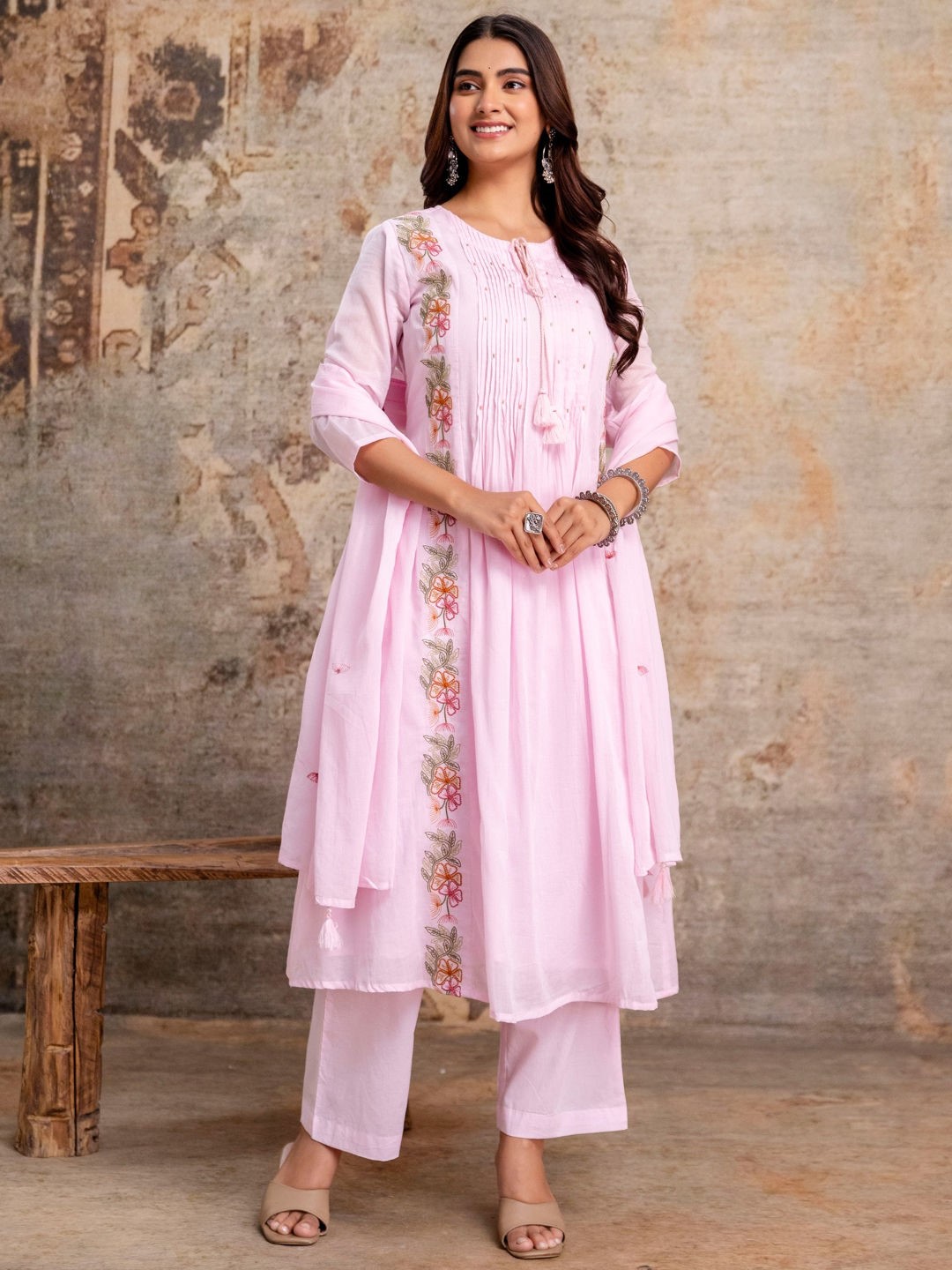 ES347 - Anarkali style baby pink/off white color kurta and bottom with dupatta- ES348