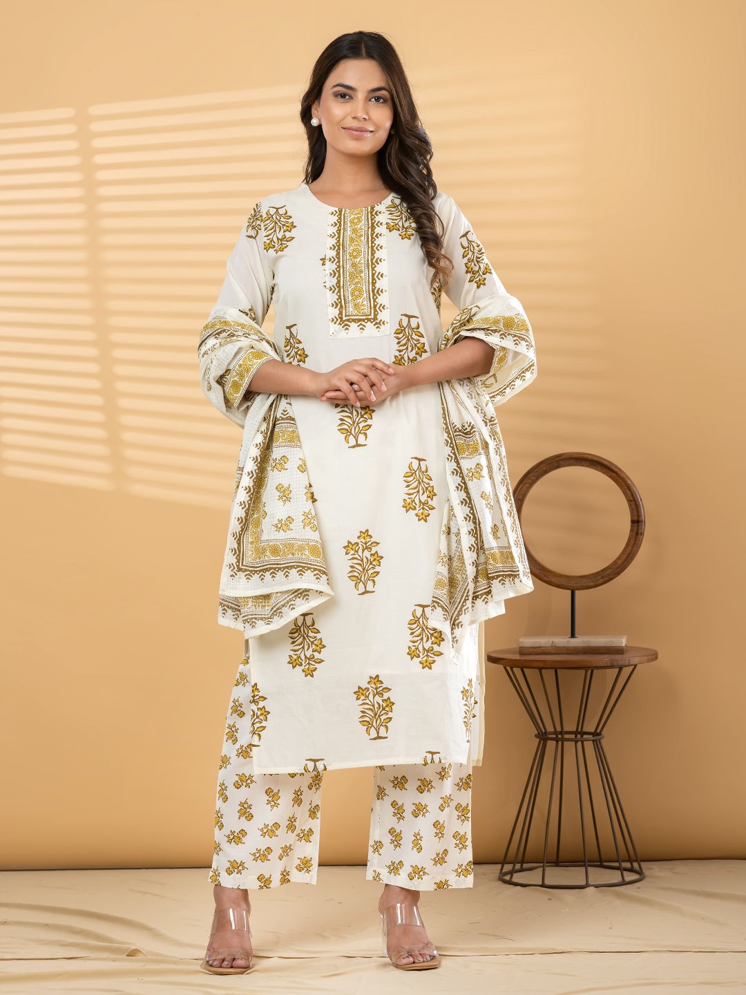 ES338/340 - Cotton Embroided A Line Cut with pants and duppata - Available in Cream & Yellow