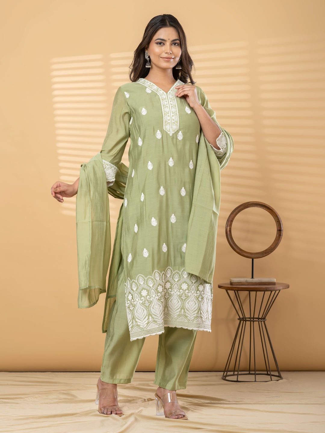 ES331/332/333 - Straight style green/blue/pink color kurta and bottom with dupatta