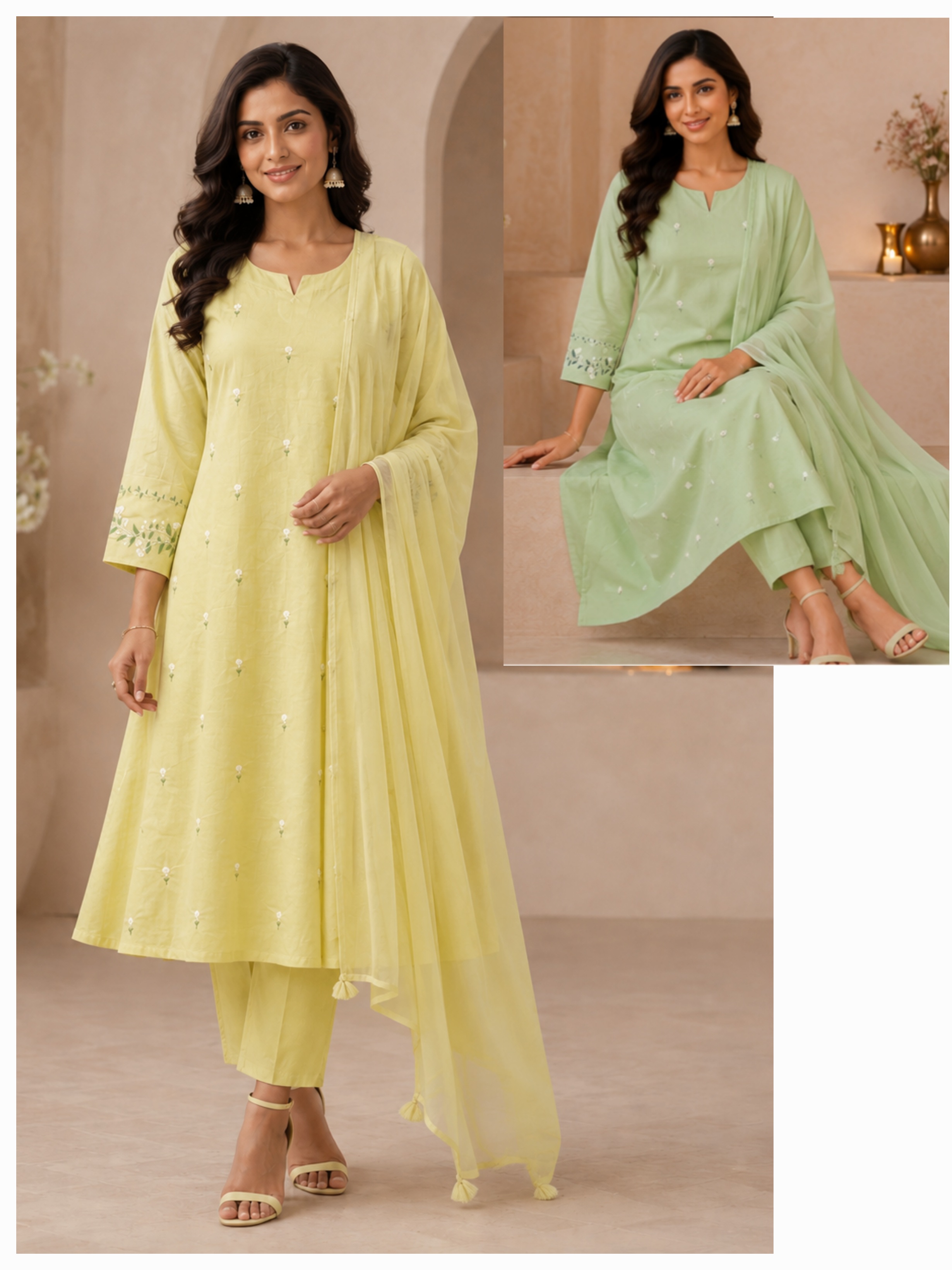 ES334/335 - Cotton Embroided A Line Cut with pants and duppata - Available in Green and Yellow